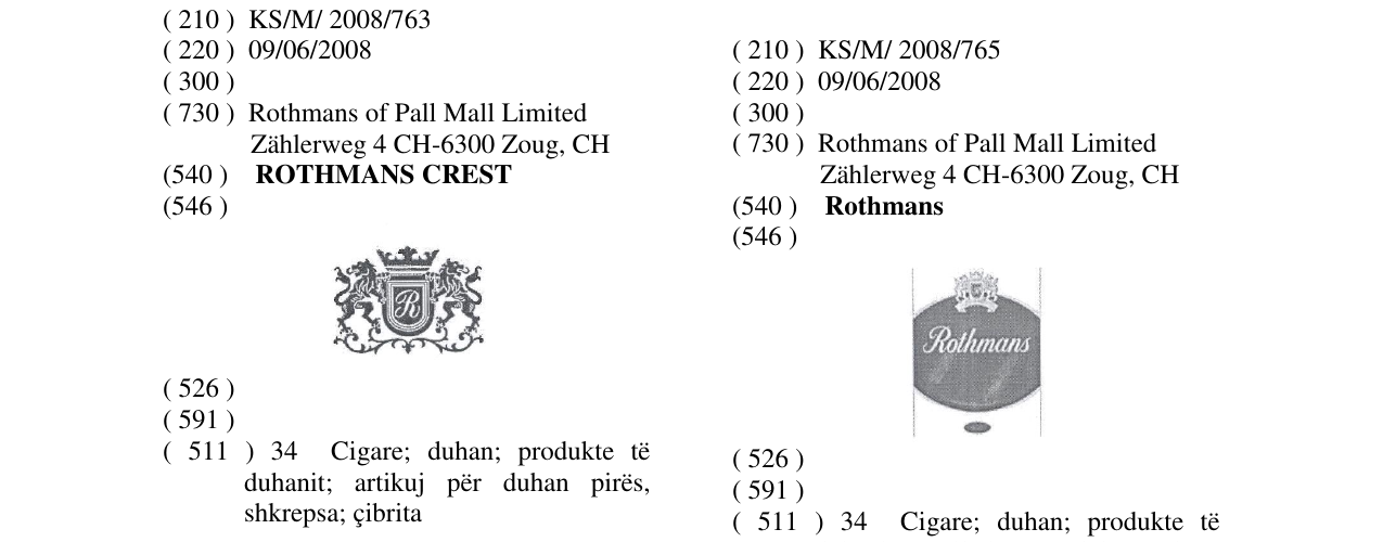 Zëri i markës Rothmans në buletin