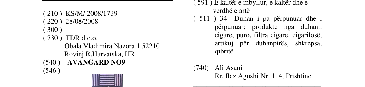 Zëri i markës AVANGARD NO9 në buletin