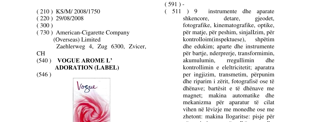 Zëri i markës VOGUE AROME L’ ADORATION (LABEL) në buletin