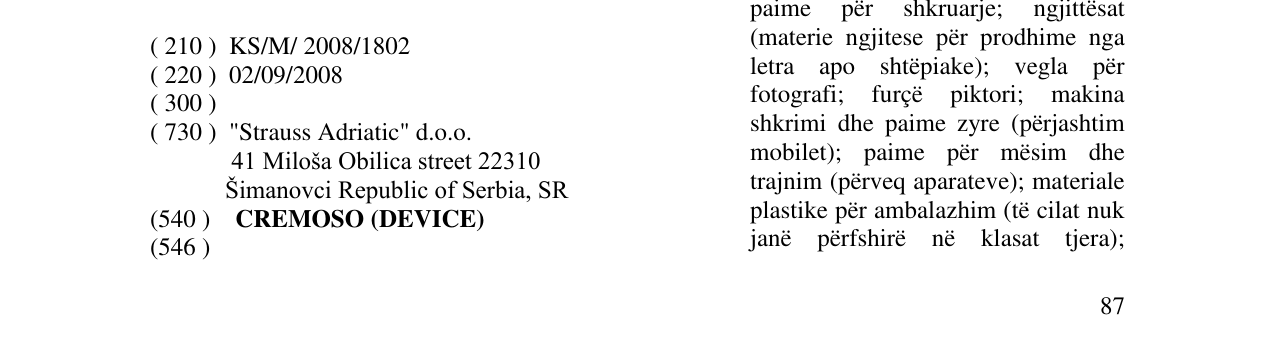Zëri i markës CREMOSO (DEVICE) në buletin