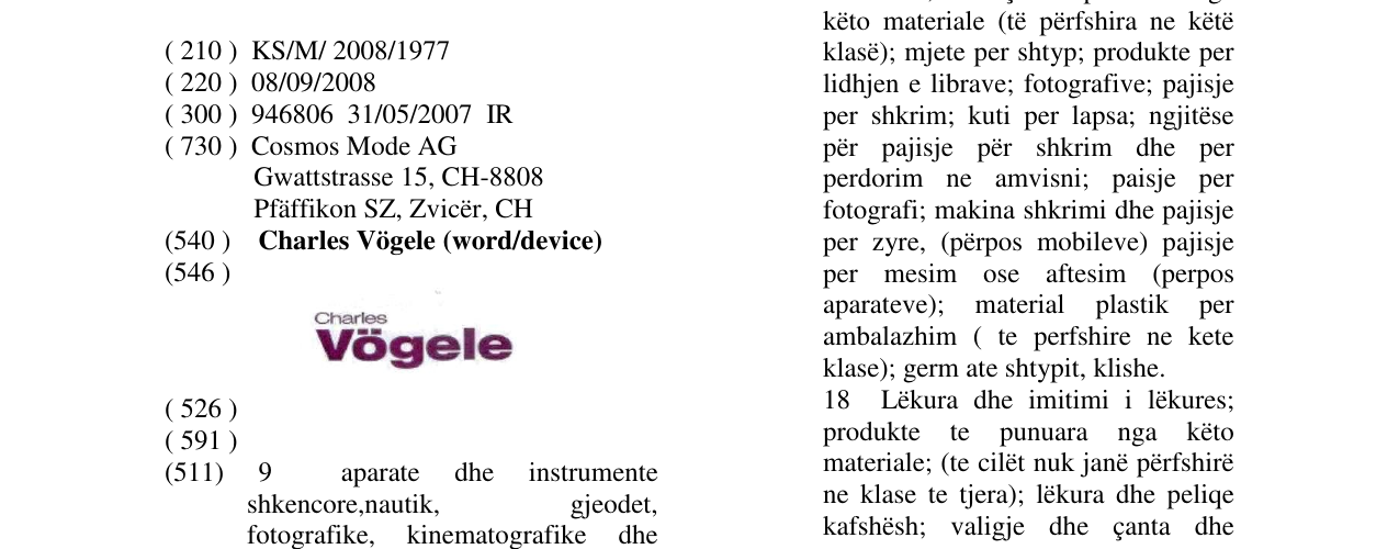Zëri i markës Charles Vögele (word/device) në buletin
