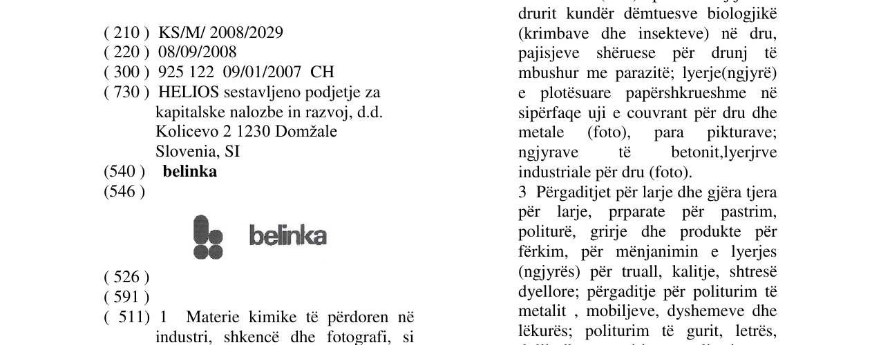 Der Eintrag der Marke belinka im Bulletin