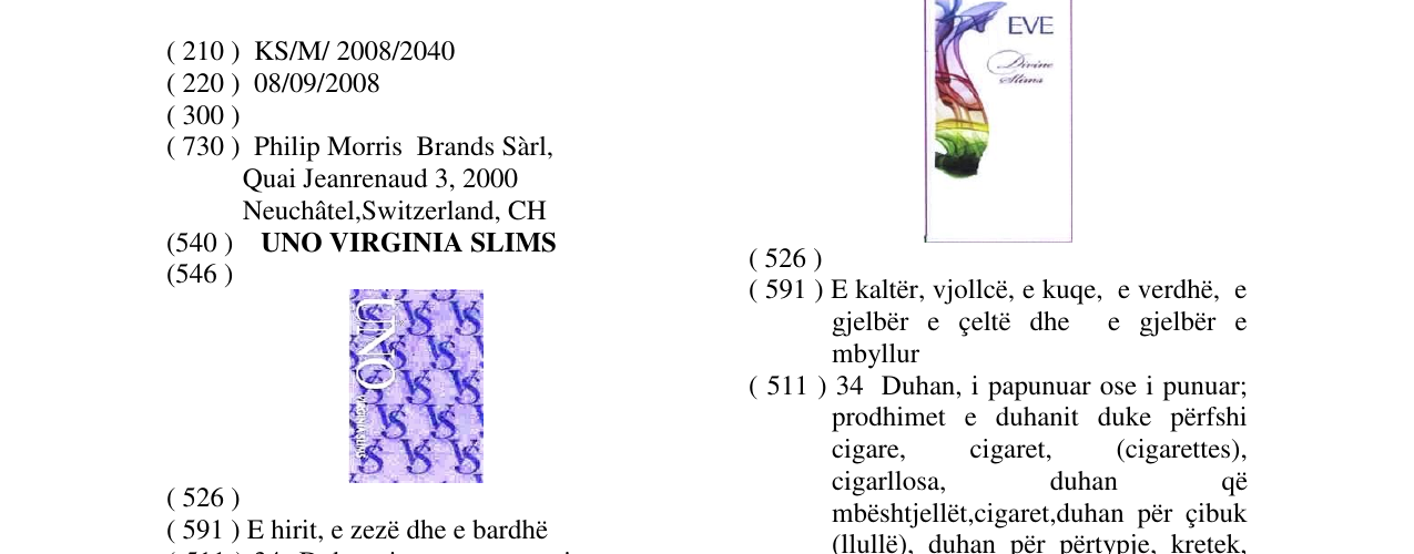 Zëri i markës UNO VIRGINIA SLIMS në buletin