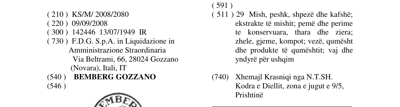 Zëri i markës BEMBERG GOZZANO në buletin