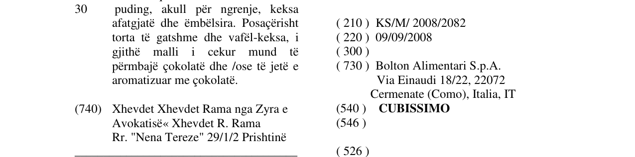 Der Eintrag der Marke CUBISSIMO im Bulletin