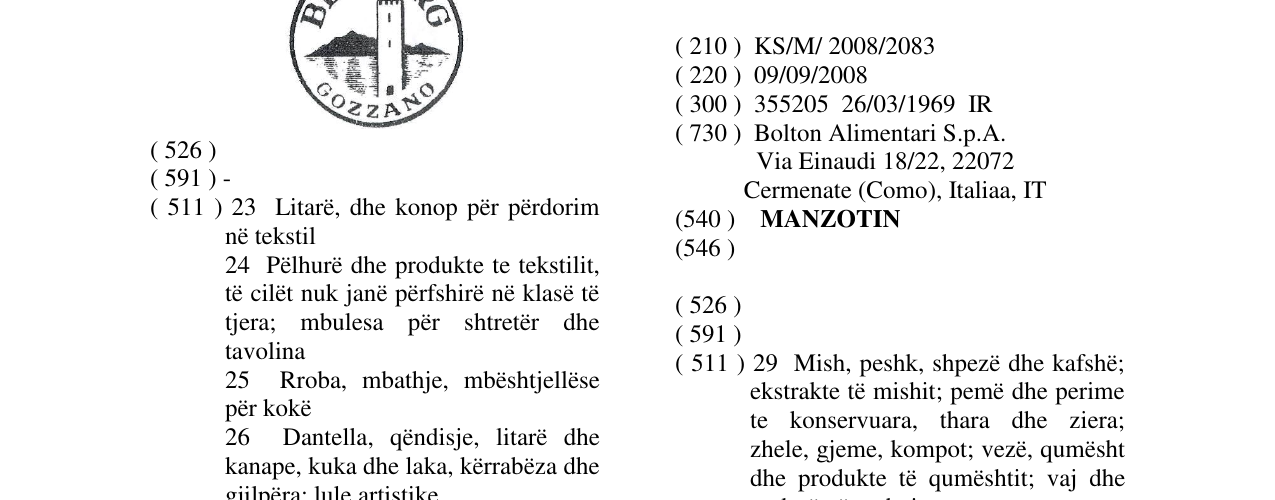 Zëri i markës MANZOTIN në buletin