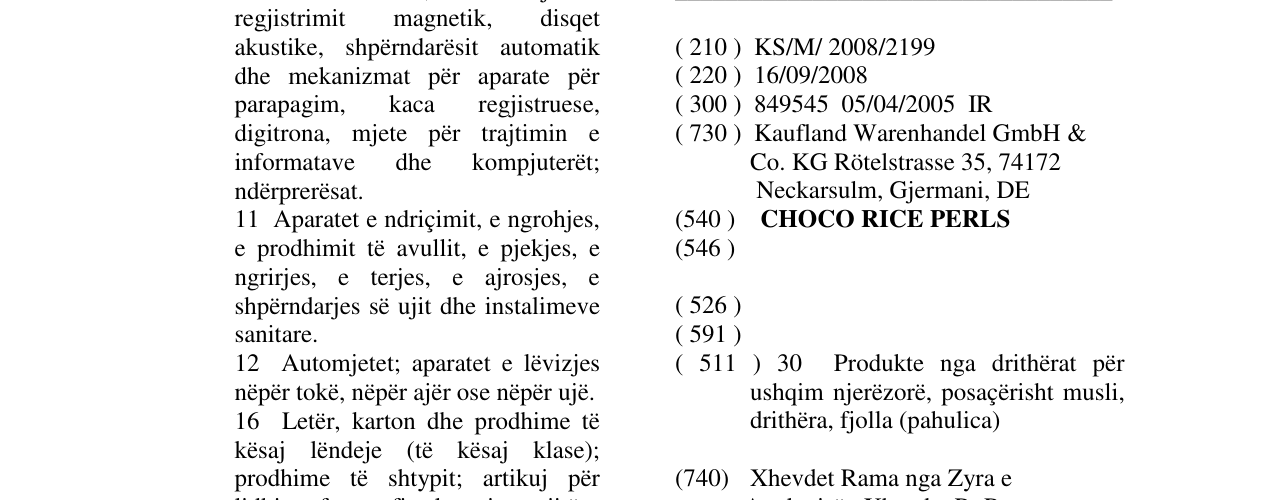 Zëri i markës CHOCO RICE PERLS në buletin
