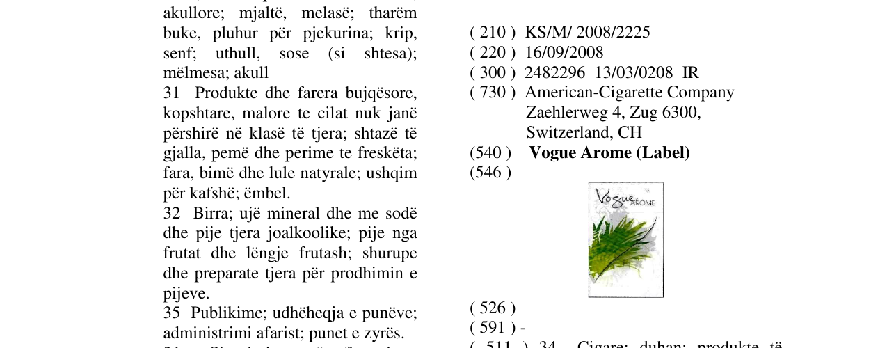 Zëri i markës Vogue Arome (Label) në buletin