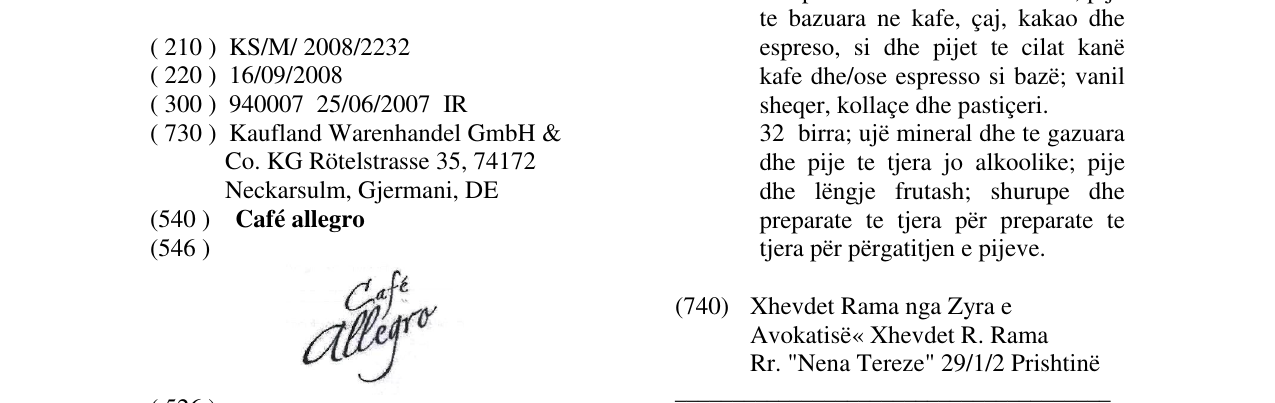 The entry of the trademark Café allegro in the bulletin
