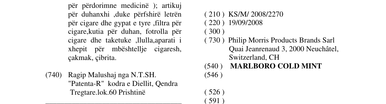 Zëri i markës MARLBORO COLD MINT në buletin