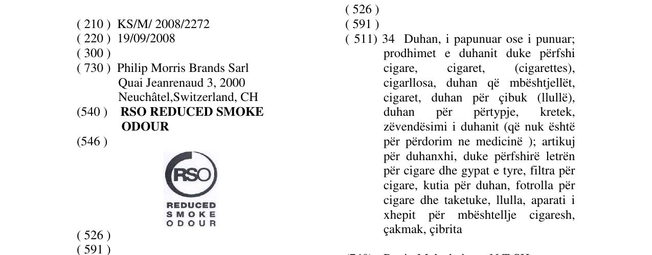 Zëri i markës RSO REDUCED SMOKE ODOUR në buletin