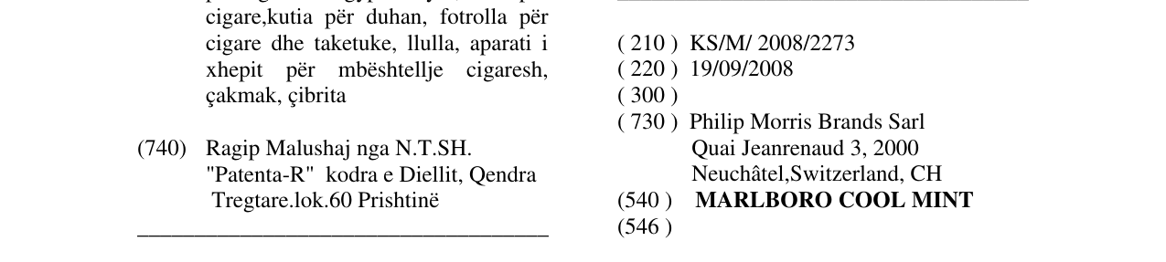 Zëri i markës MARLBORO COOL MINT në buletin