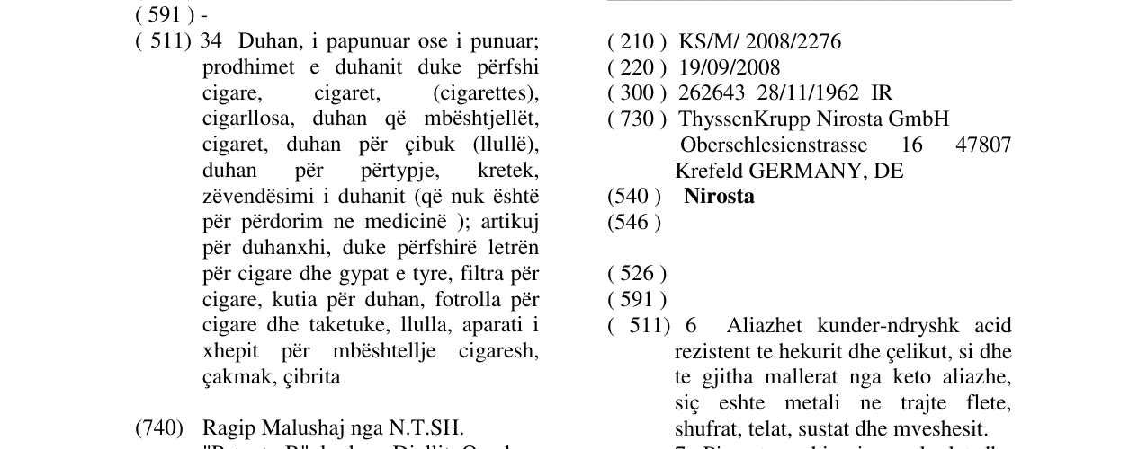Zëri i markës Nirosta në buletin