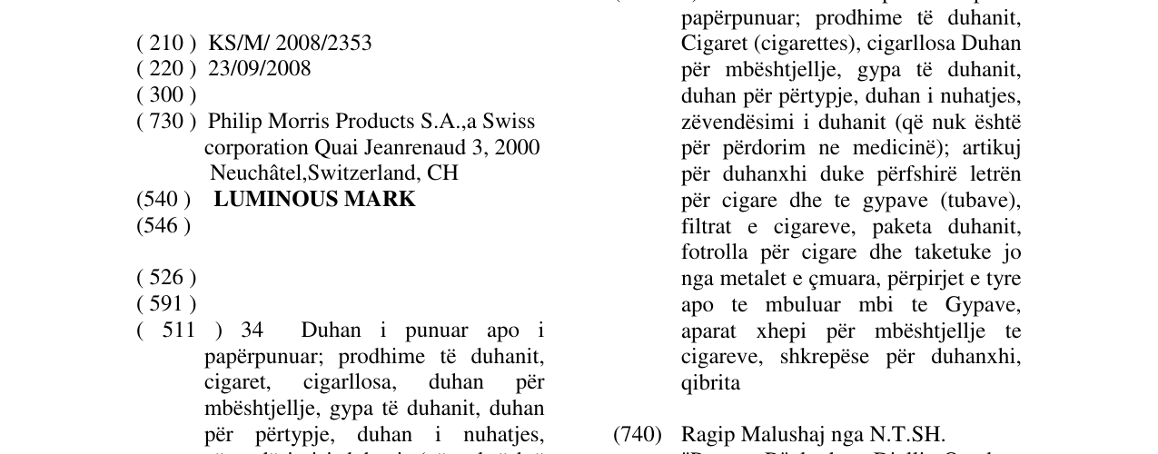 Zëri i markës LUMINOUS MARK në buletin