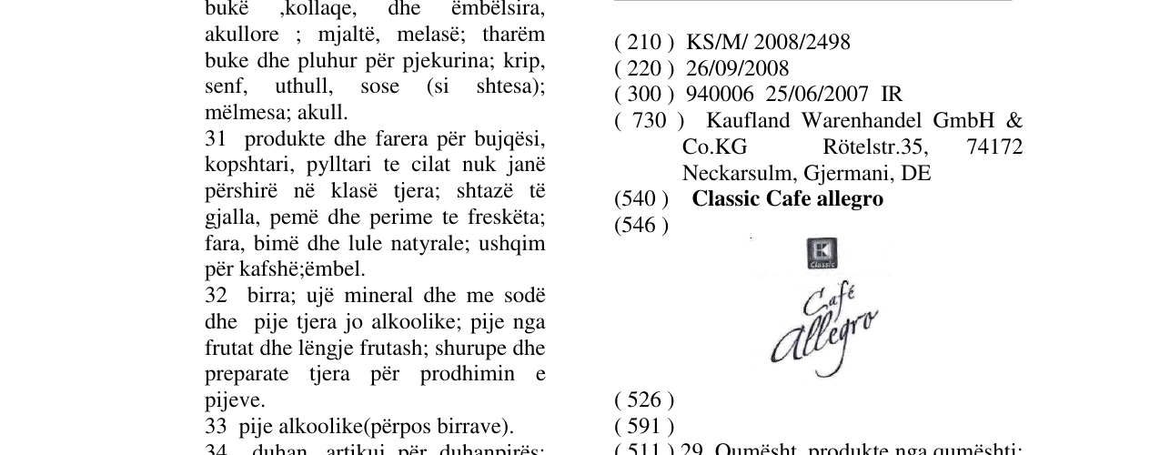 Zëri i markës Classic Cafe allegro në buletin