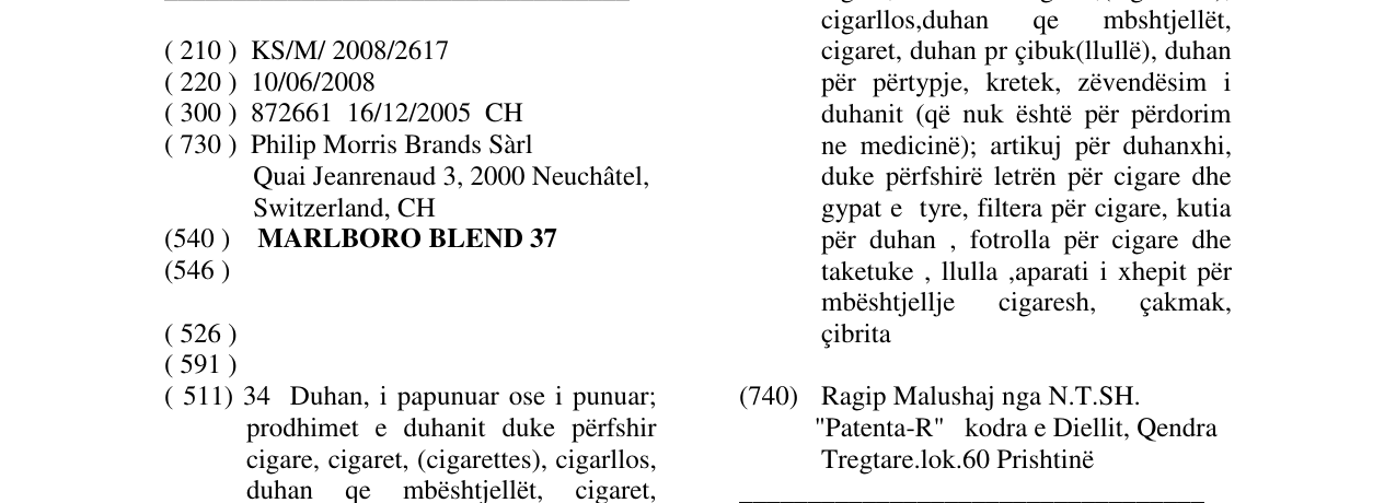 Zëri i markës MARLBORO BLEND 37 në buletin