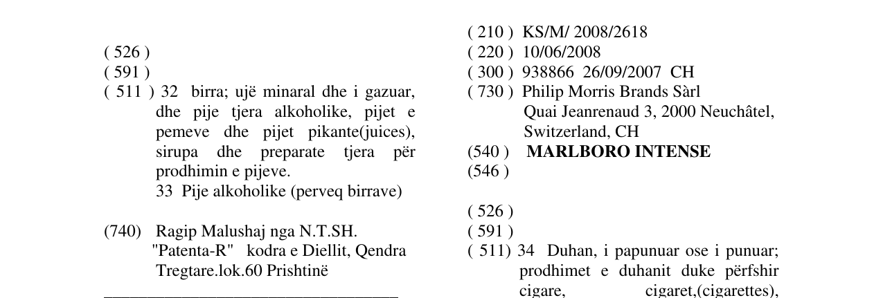 Zëri i markës MARLBORO INTENSE në buletin