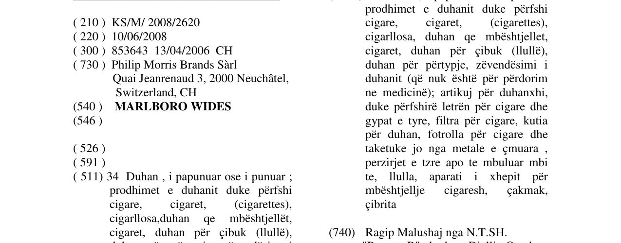 Zëri i markës MARLBORO WIDES në buletin