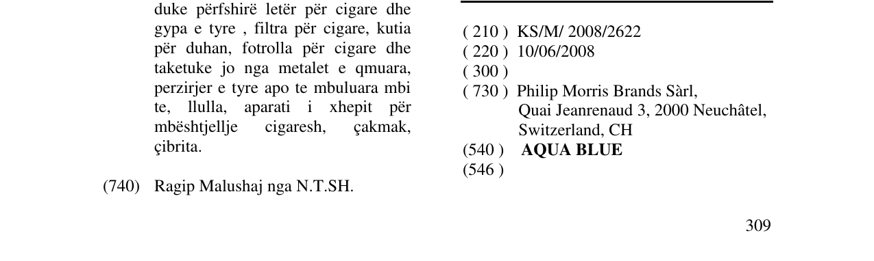 Zëri i markës AQUA BLUE në buletin