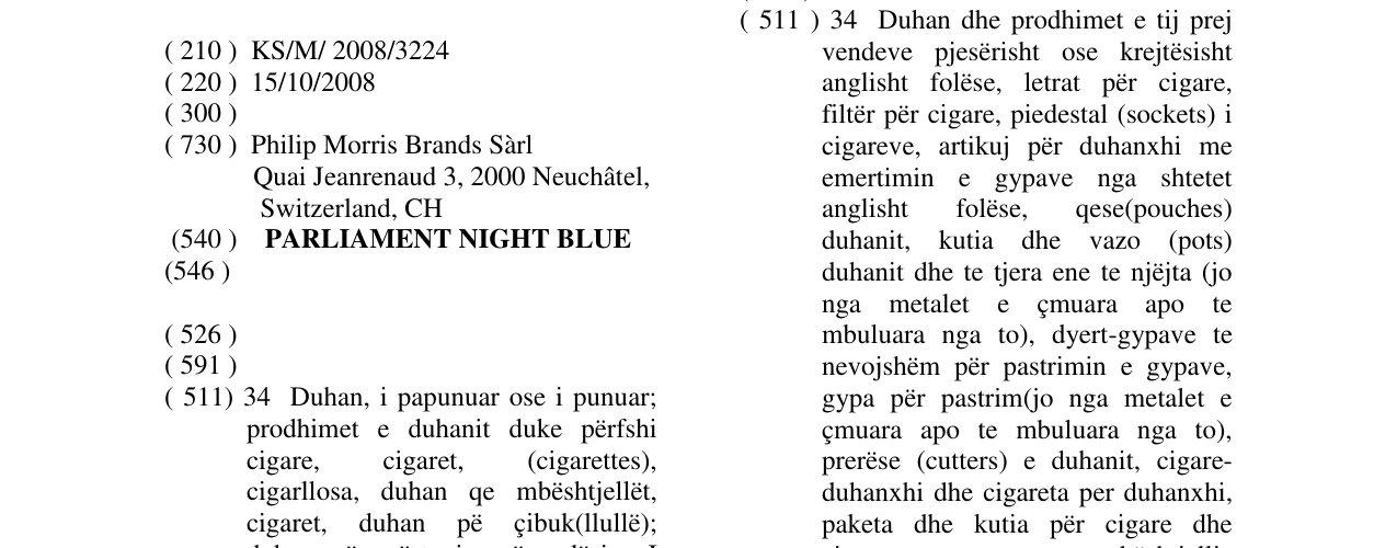 Zëri i markës PARLIAMENT NIGHT BLUE në buletin