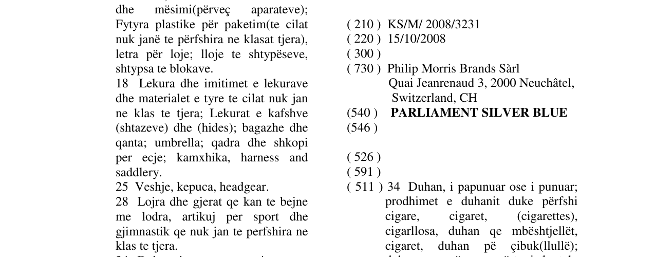 Zëri i markës PARLIAMENT SILVER BLUE në buletin