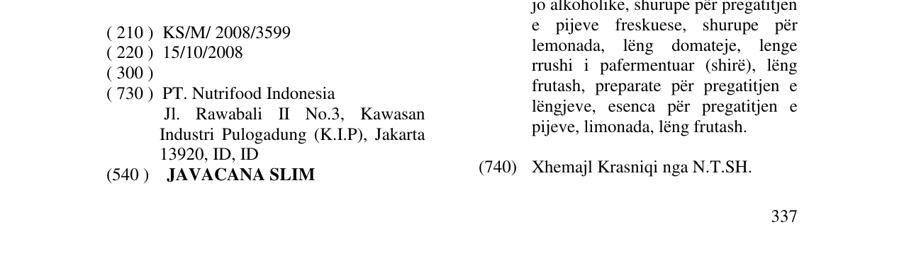 Zëri i markës JAVACANA SLIM në buletin