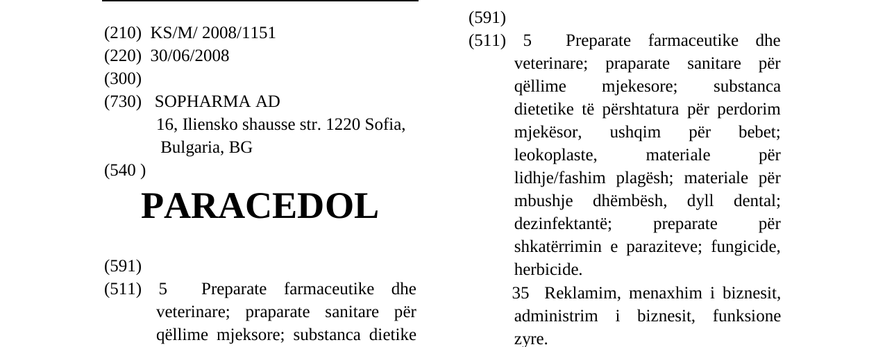 Zëri i markës PARACEDOL në buletin