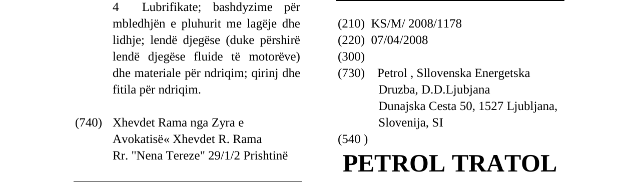 Zëri i markës PETROL TRATOL në buletin