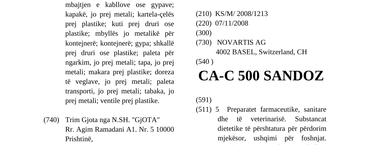 Zëri i markës CA-C 500 SANDOZ në buletin
