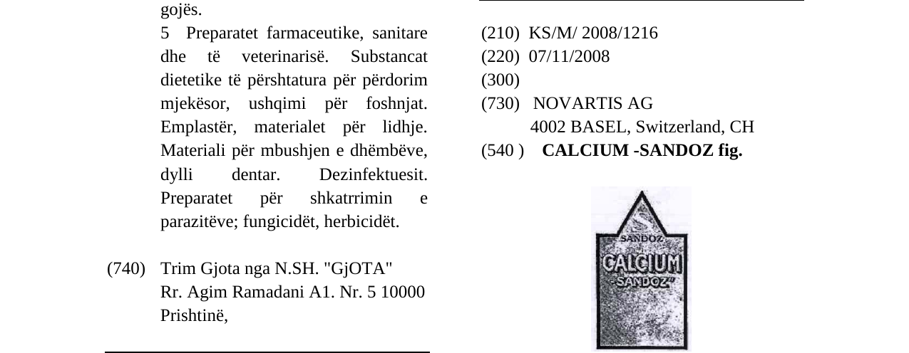 Zëri i markës CALCIUM - SANDOZ fig. në buletin