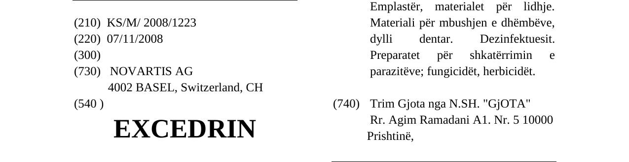 Zëri i markës EXCEDRIN në buletin