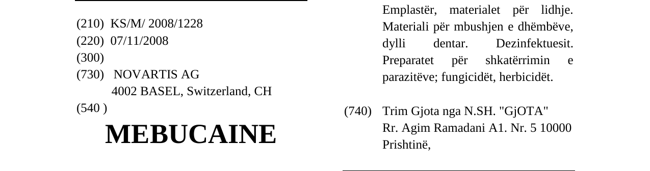 Der Eintrag der Marke MEBUCAINE im Bulletin