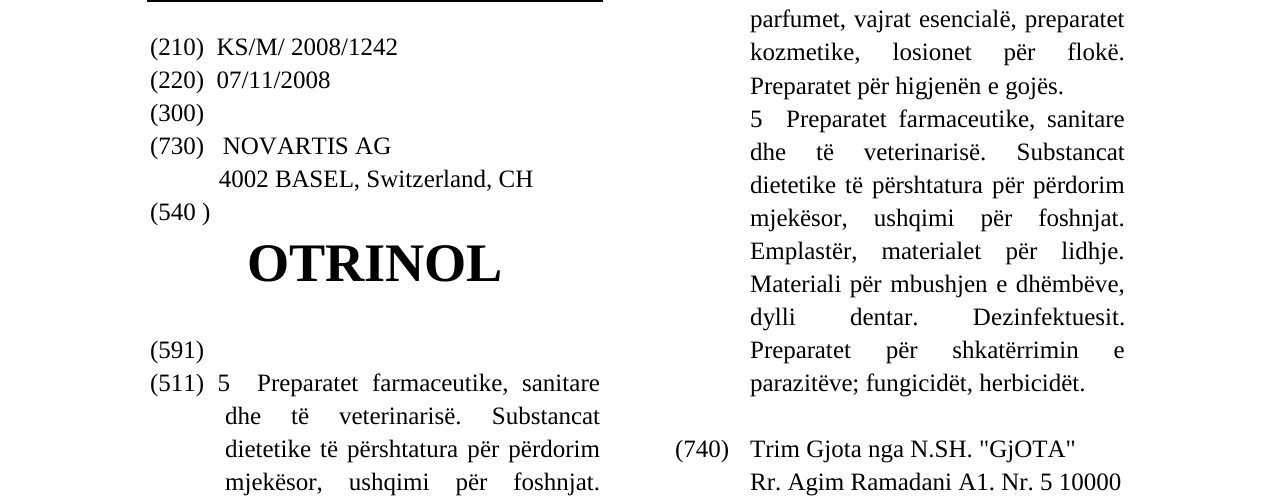 Zëri i markës OTRINOL në buletin