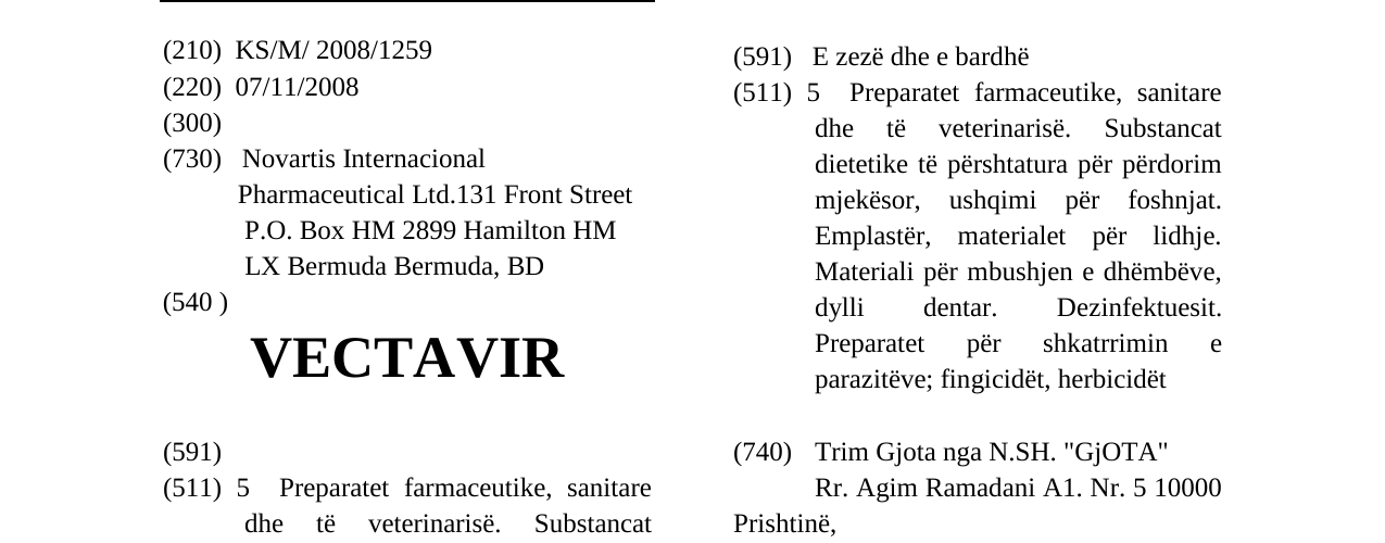 Zëri i markës VECTAVIR në buletin