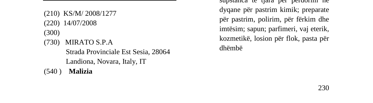 Zëri i markës Malizia në buletin