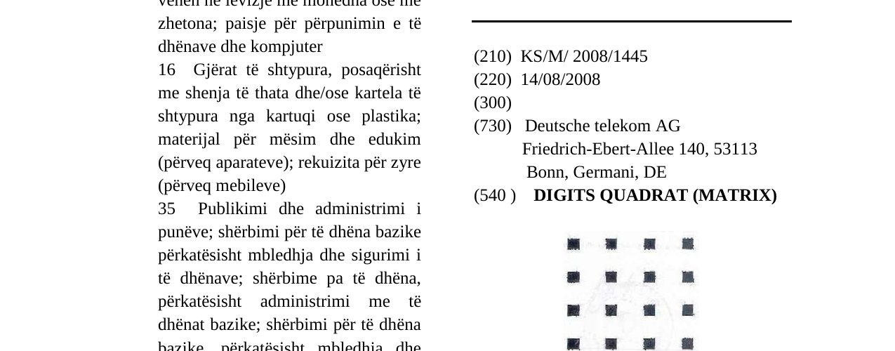 Zëri i markës DIGITS QUADRAT (MATRIX) në buletin