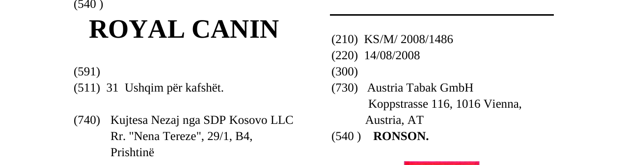 Zëri i markës RONSON. në buletin