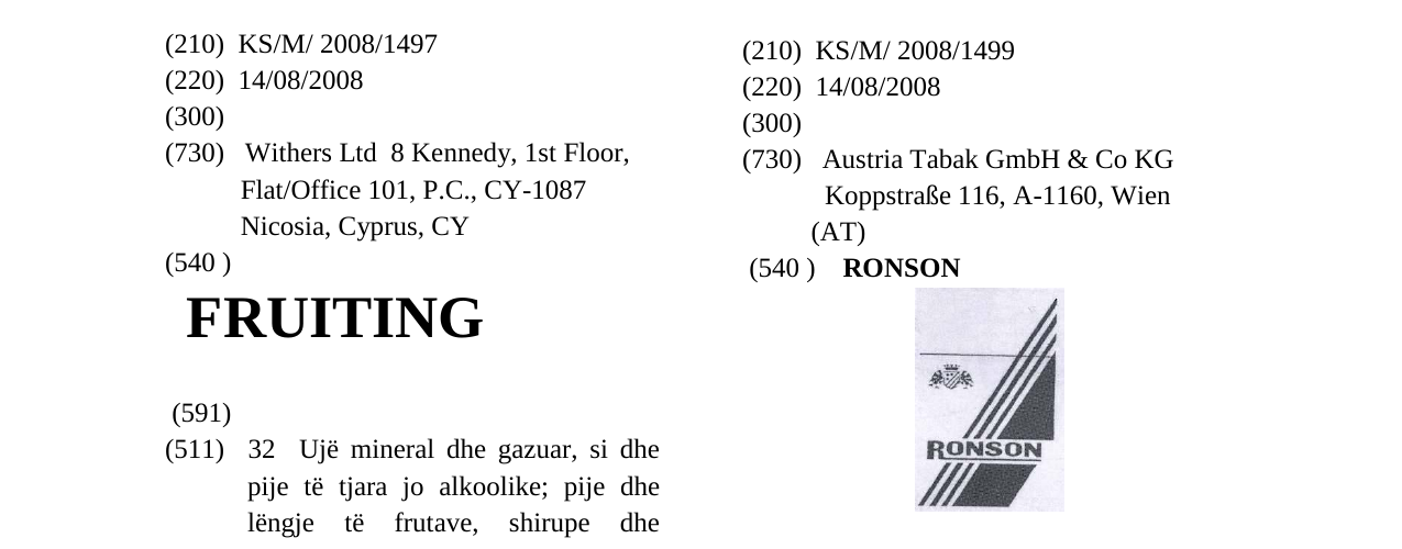 Zëri i markës RONSON në buletin