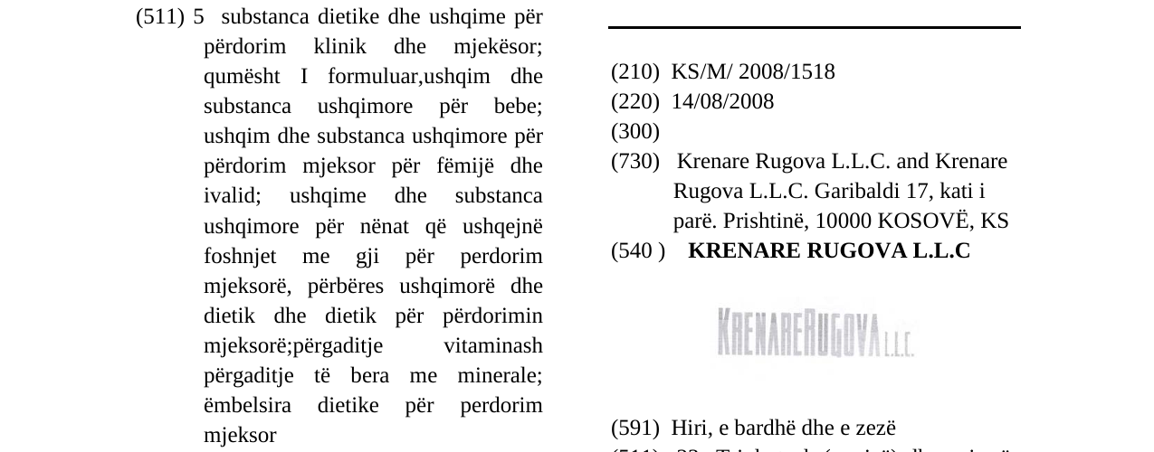 Zëri i markës KRENARE RUGOVA L.L.C në buletin