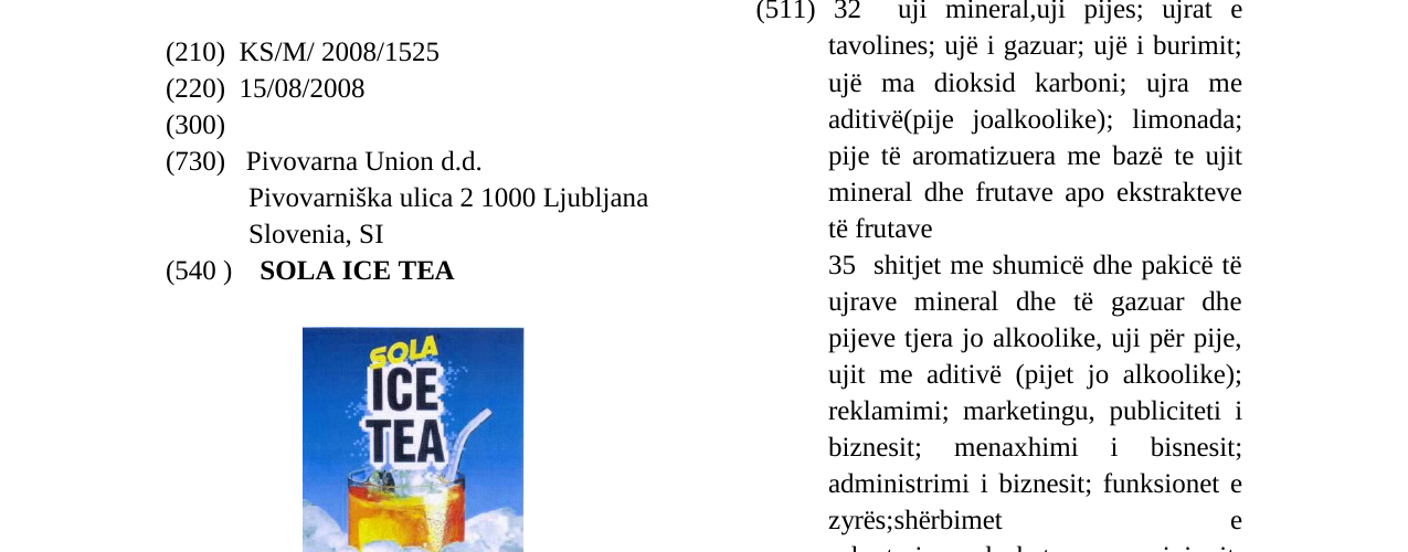 SOLA ICE TEA markasının bültendeki kaydı