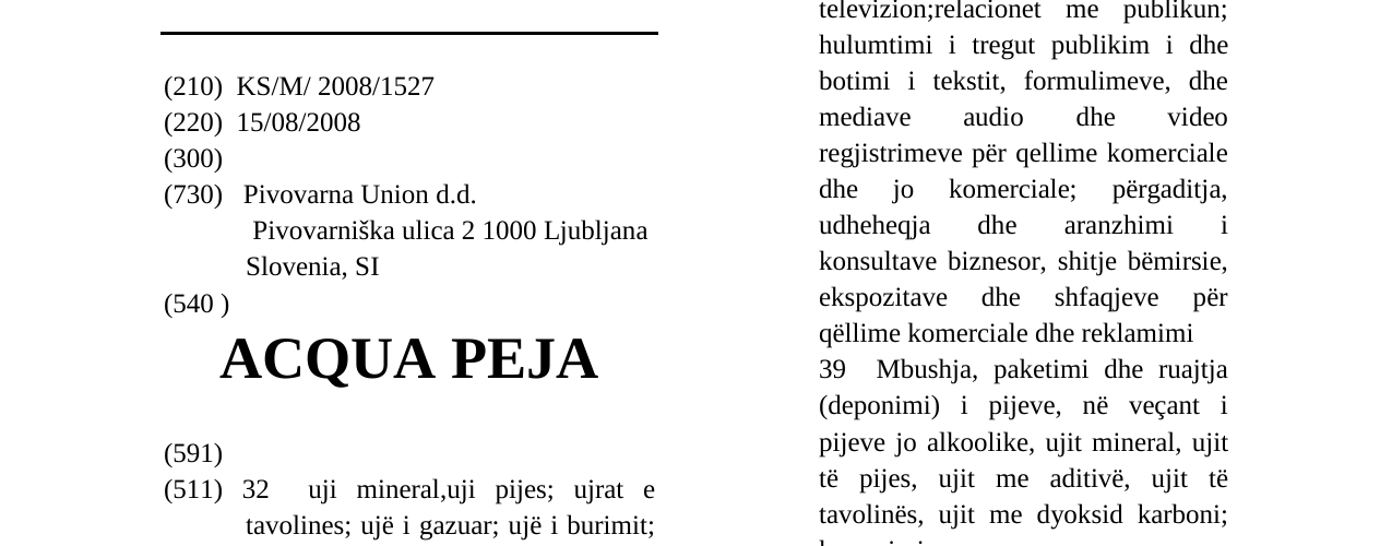 Zëri i markës ACQUA PEJA në buletin