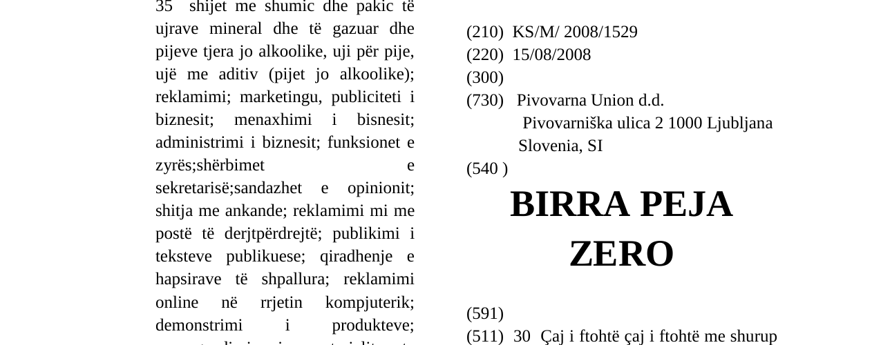 Zëri i markës BIRRA PEJA ZERO në buletin