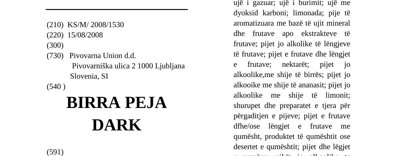 Zëri i markës BIRRA PEJA DARK në buletin