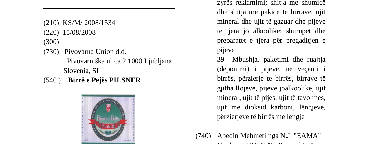 Zëri i markës Birrë e Pejës PILSNER në buletin