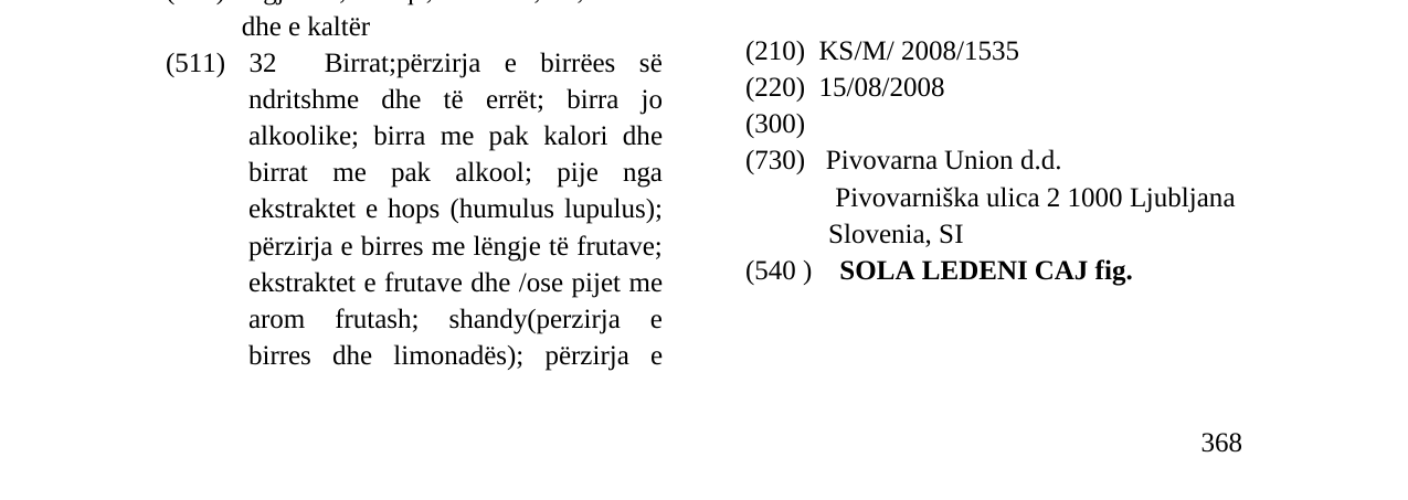 Zëri i markës SOLA LEDENI CAJ fig. në buletin
