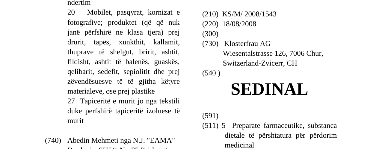 Zëri i markës SEDINAL në buletin