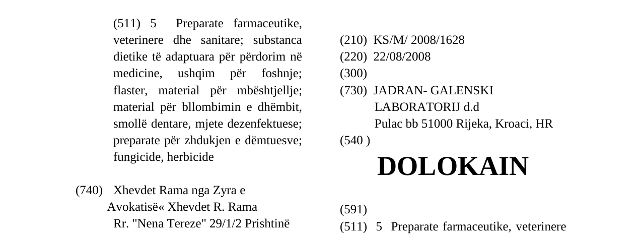 Zëri i markës DOLOKAIN në buletin