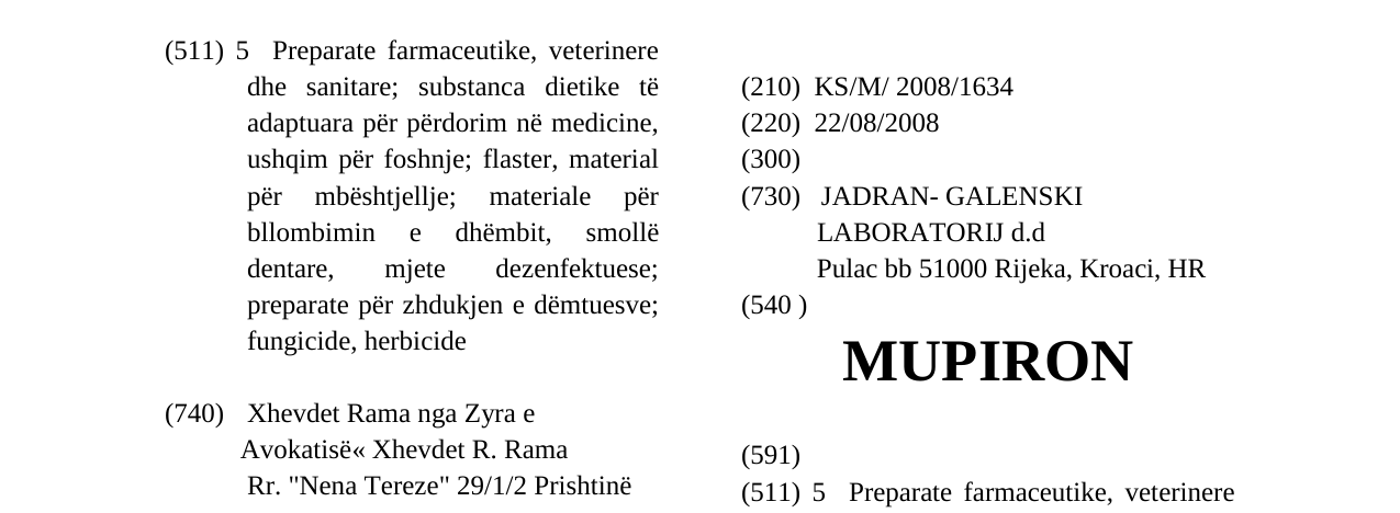 Zëri i markës MUPIRON në buletin