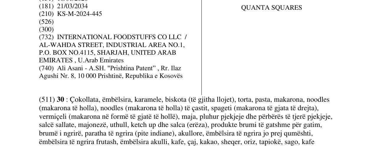 Zëri i markës QUANTA SQUARES në buletin