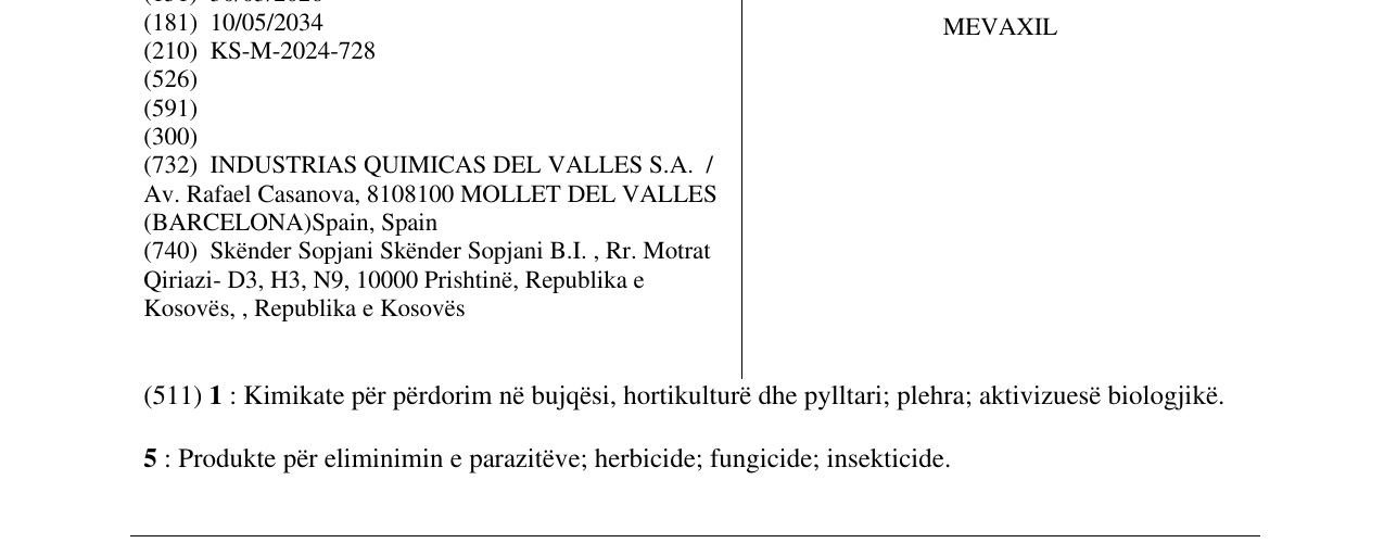 Zëri i markës MEVAXIL në buletin